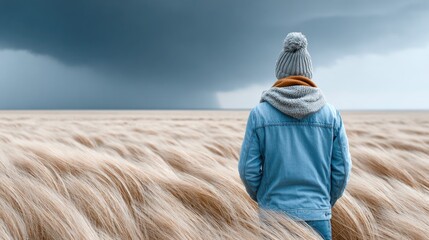 Person in Stormy Field with Winter Clothes