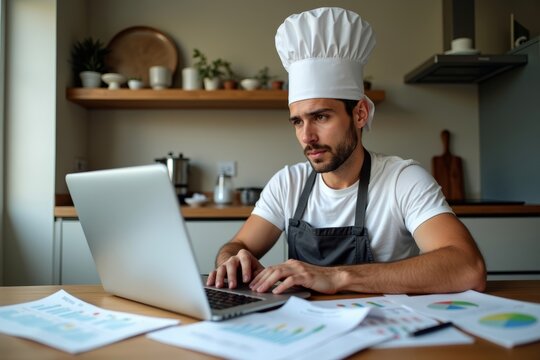A person wearing a chef's hat and apron, seated at a kitchen table with financial documents and a laptop.