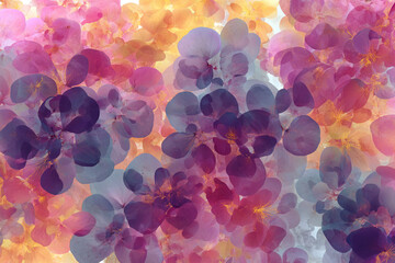 A watercolor painting of abstract flowers in shades of pink purple and yellow creating a soft and dreamy effect
