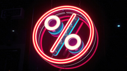 neon glowing percent sign glows on black background, sale, discount, black friday, shopping, percent