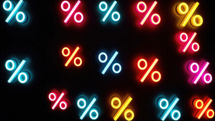 neon glowing percent sign glows on black background, sale, discount, black friday, shopping, percent