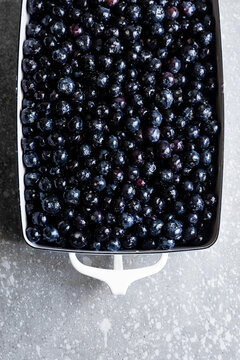 A baking dish filled with fresh blueberries on a speckled gray surface.