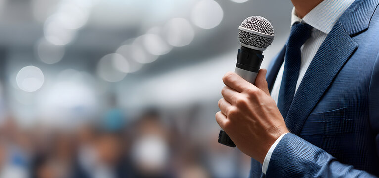 Successful people with microphones speaking, business courses, business presentations, corporate training, teamwork