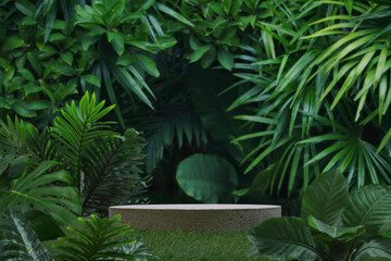 minimal concrete podium table top with outdoors in tropical forest nature background.natural product pedestal modern stand display,jungle paradise concept.