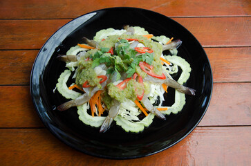 Thai cuisine fresh raw prawn in spicy fish sauce