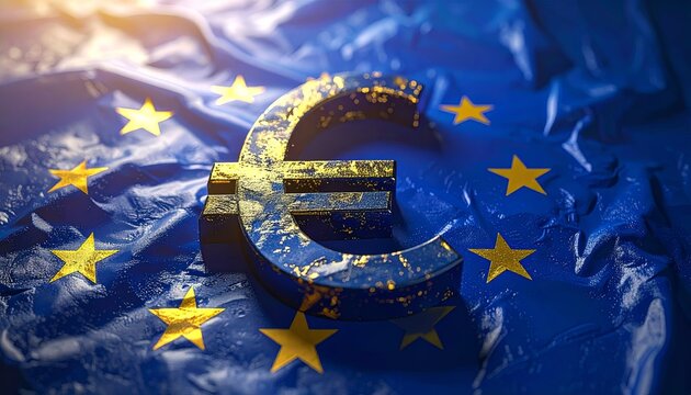 Euro symbol made of metal, set against the backdrop of the European Union flag. The flag's stars and blue color are prominently displayed.