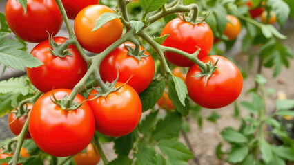 juicy ripe red tomatoes grow on a bush in a garden bed, vegetables, farm, harvest