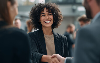  A photo of an African American woman in business attire shaking hands with another person, both smiling and looking happy as they stand amidst other people talking to eachother at the office party . 