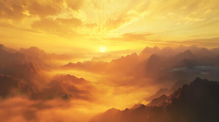 Obraz premium Golden Sunrise Over a Mountainous Landscape with Clouds and Majestic Light