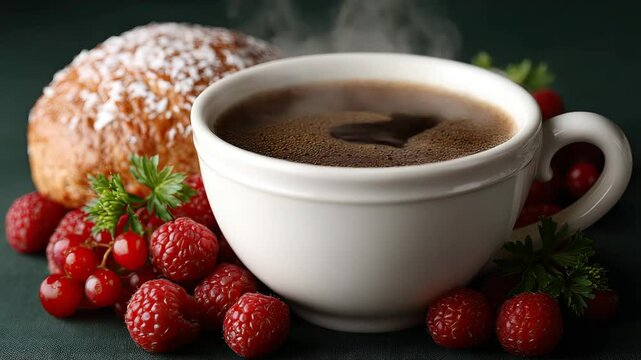 Cozy morning drink with fresh berries and sweet bread, coffee and sweet bun with berries, morning coffee and sweet bun pairing, cozy coffee and sweet bun moment