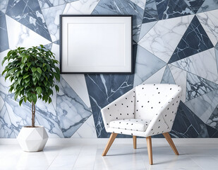 modern living room with sofa, armchair and a frame on background wall and plant in the room.