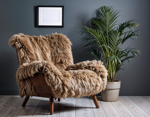 modern living room with sofa, armchair and a frame on background wall and plant in the room.