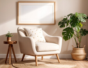 modern living room with sofa, armchair and a frame on background wall and plant in the room.