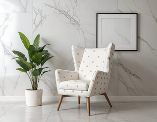 modern living room with sofa, armchair and a frame on background wall and plant in the room.