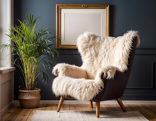 modern living room with sofa, armchair and a frame on background wall and plant in the room.