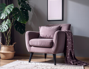 modern living room with sofa, armchair and a frame on background wall and plant in the room.