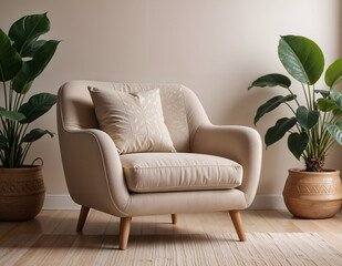 modern living room with sofa, armchair and a frame on background wall and plant in the room.