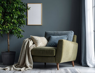 modern living room with sofa, armchair and a frame on background wall and plant in the room.