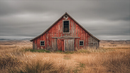 Old red barn stands in tall golden grass under a cloudy sky