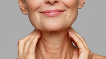 Senior woman gently caressing neck, revealing skin texture and graceful aging process with soft, wrinkled touch and warm smile