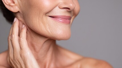 Obraz premium Senior woman touching neck, highlighting graceful aging with soft smile and natural skin texture, radiating self acceptance and inner beauty