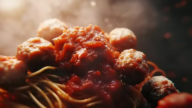 Delicious spaghetti with meatballs suspended in mid-air, surrounded by a rich tomato sauce backdrop