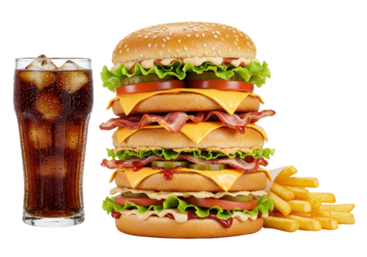 Isolated Extravagant Multi Layered Burger with Cola and Fries