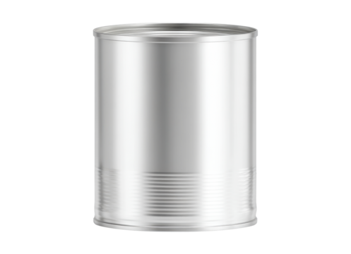 Metallic tin can with ribbed base, sealed lid, preserving food product, standing on transparent surface, prepared for custom branding design - Powered by Adobe