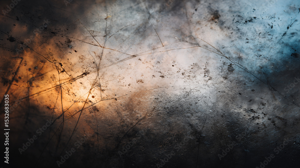 Poster abstract background with scratches and color gradients of orange blue and dark shades creating textu