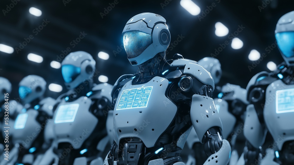 Poster humanoid robots prepare for a competitive soccer match in a futuristic stadium filled with advanced 