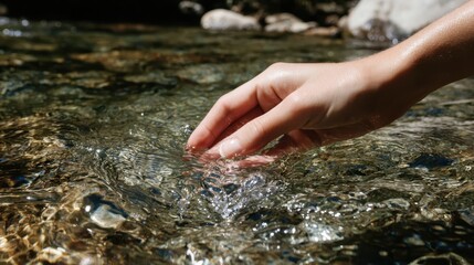 Female hand touching cool, cascading mountain stream water, feeling pristine natural environment with gentle, soothing connection