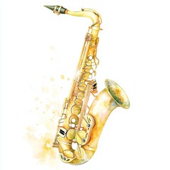 Watercolor painting of a golden saxophone, isolated on a white background