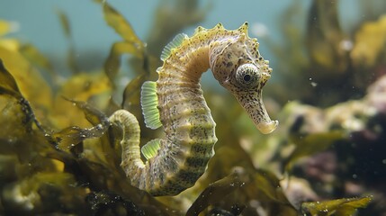 A seahorse curling its tail around seaweed