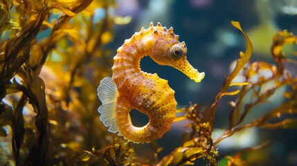 A seahorse curling its tail around seaweed