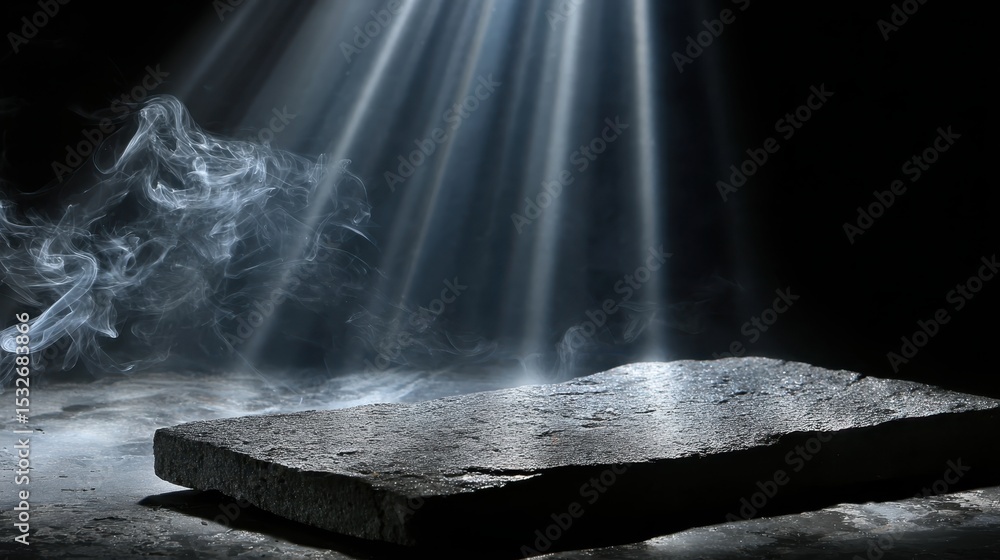 Poster empty stone podium with smoke and light beams illuminating a dark background, creating a mysterious 