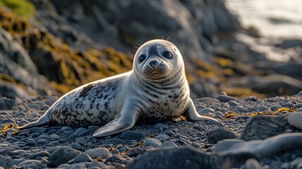 Baby seal resting on rocky shore with soft natural lighting