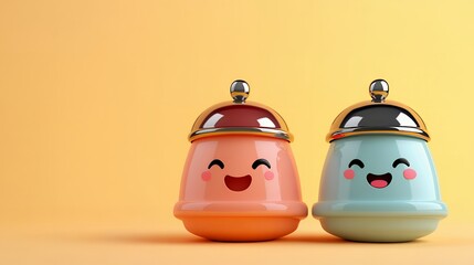 Cheerful Cartoon Ceramic Containers on Yellow Background