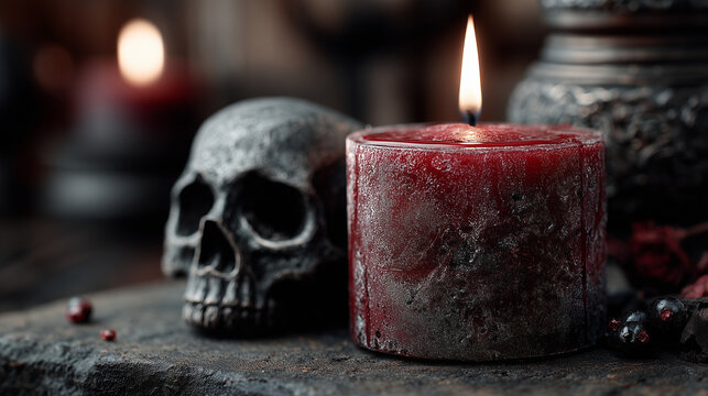 A red candle and skull background , scary darkside  mood.