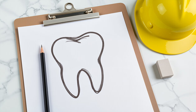 Tooth drawing and yellow hard hat on clipboard, Labor Day in Dentistry theme