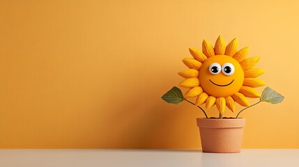Cheerful Cartoon Sunflower in Terracotta Pot Against Orange Wall
