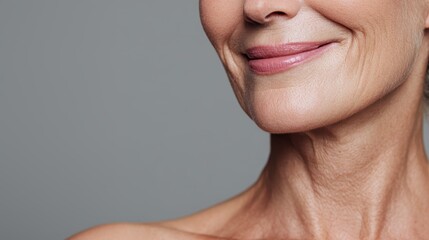 Senior woman's lower face revealing natural aging signs, wrinkled skin highlighting dermatological beauty and graceful maturity during professional studio portrait session
