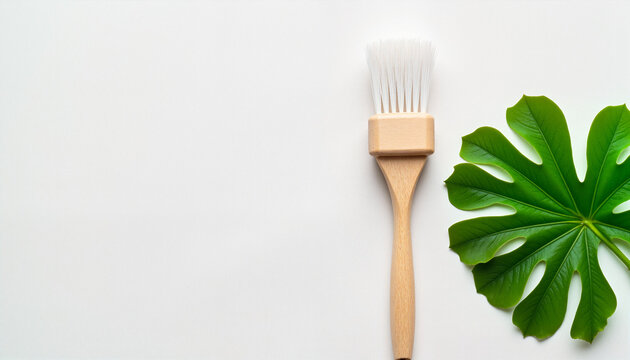 Cleaning brush and green leaf on white surface, eco-friendly home concept