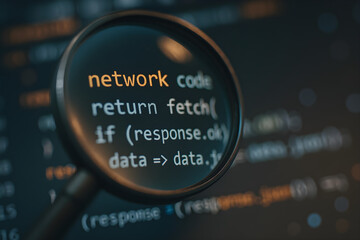 Magnifying glass over computer code with keywords related to network and programming.