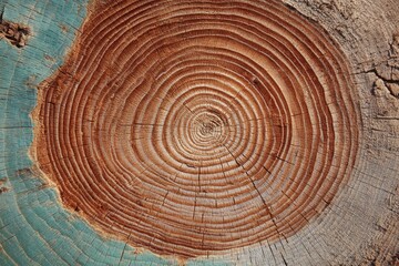 Fototapeta premium A detailed closeup of a cut tree trunk showing distinct growth rings and varying wood coloration