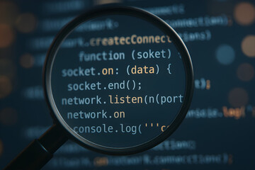 Close-up of a magnifying glass focusing on computer code on a screen, highlighting programming and software development concepts.