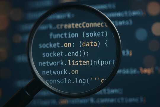 Close-up of a magnifying glass focusing on computer code on a screen, highlighting programming and software development concepts.