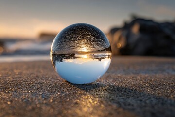 A glass orb reflects a beach landscape bisecting sky and sand Sunlight glistens on wet sand Rocks are blurred in the background