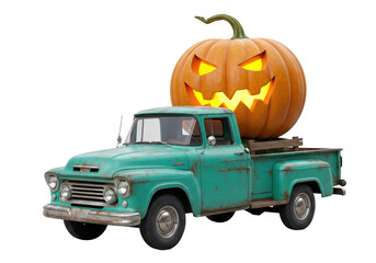 Isolated Vintage Green Truck Carrying a Spooky Halloween Pumpkin