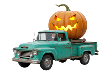 Isolated Vintage Green Truck Carrying a Spooky Halloween Pumpkin