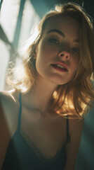 Portrait of a young woman with blonde hair and a dark top looking down with soft lighting effects